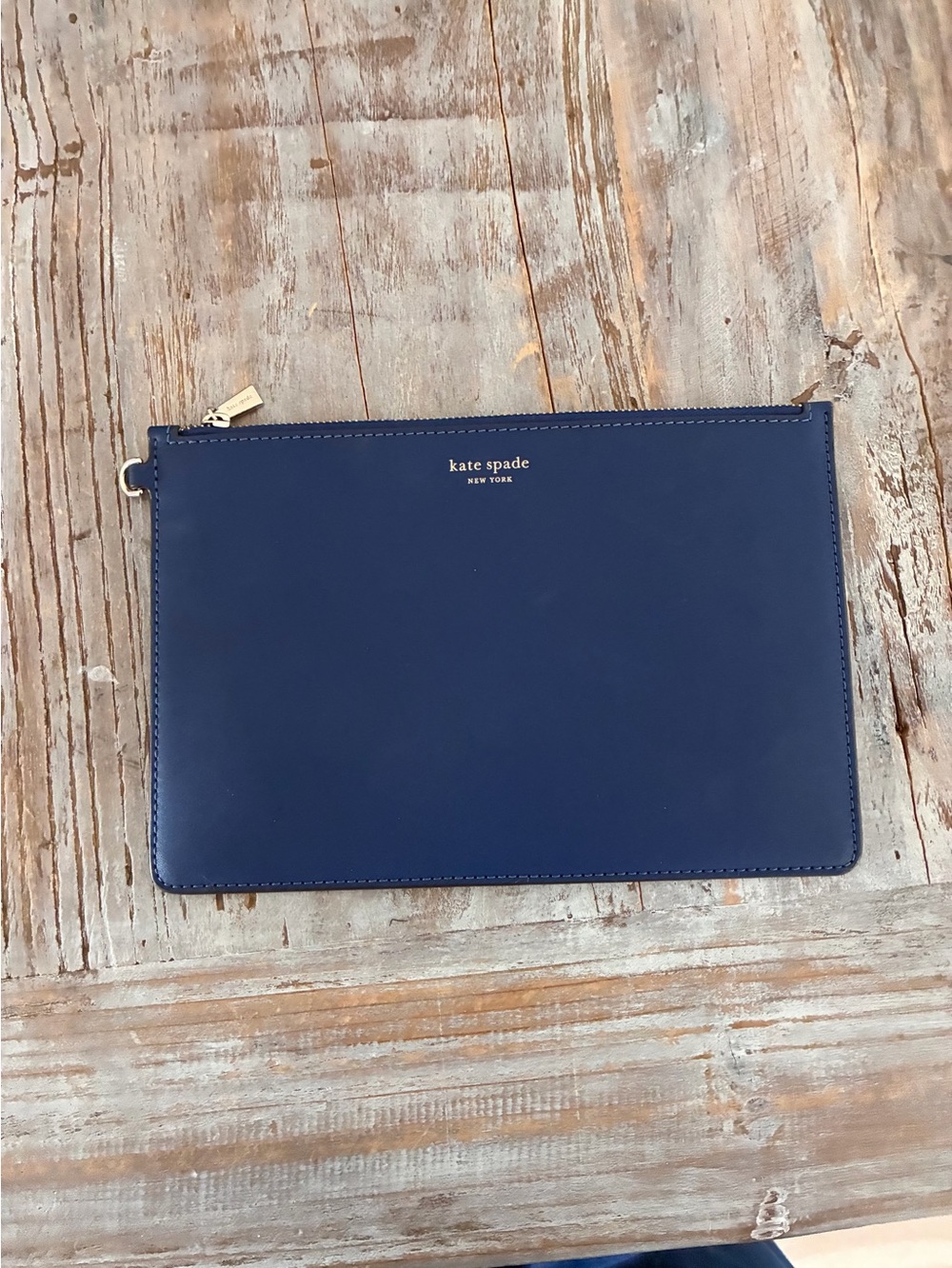 kate spade Navy Leather Zip Pouch with Gold Hardware